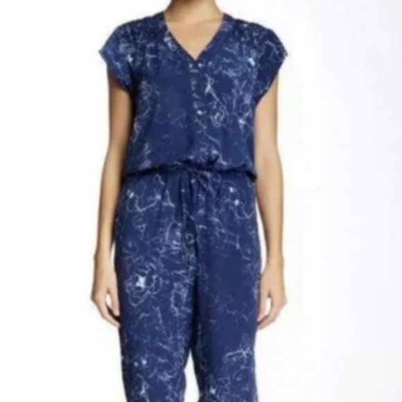 Sam Edelman‎ Jumpsuit Blue & White Marble Print Cap Sleeve Slash Pockets Size 4 - Picture 1 of 10